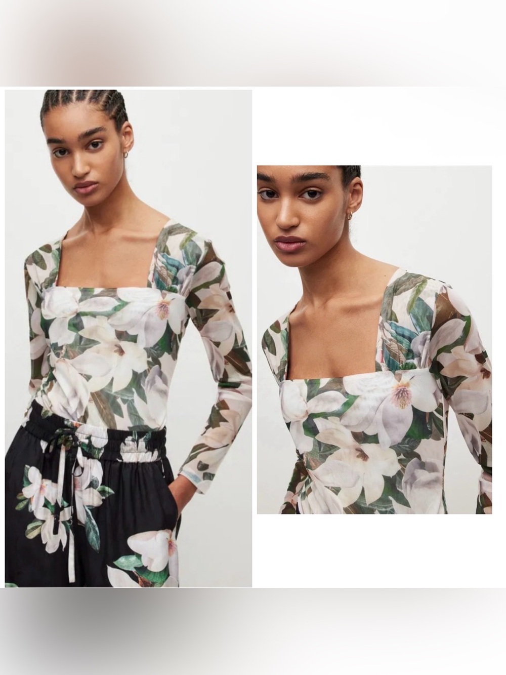 AllSaints Tara Alessandra Long Floral Sleeve Bodysuit Size 8